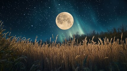 Full moon and Japanese pampas grass in midnight,The harvest Miscanthus sinensis and full moon,beautiful night sky in the countryside with the perfect moon exudes beauty in the dark.