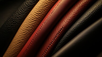Fototapeta premium Close-up of various textured leather in different colors, showcasing the richness and quality of the material in a detailed shot.