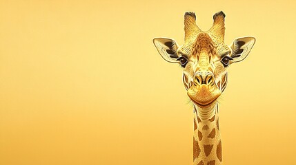   A giraffe's close-up head on a yellow background with a yellow sky in the backdrop