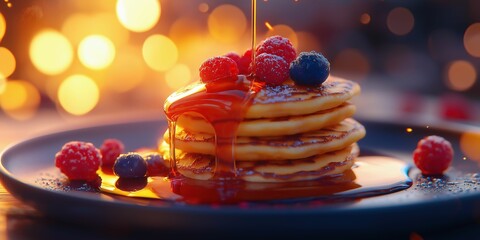 Stack of pancakes with fresh berries and syrup drizzle
