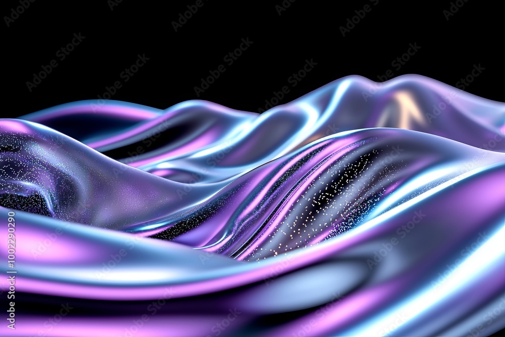 Poster an abstract 3d background that consists of a purple wave with a liquid glass texture, and a purple i