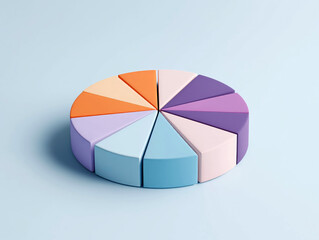 Obraz premium Colorful pie chart divided into pastel-colored segments on a light blue background, representing data visualization and business analytics