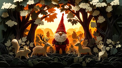 A gnome standing in a lush forest with woodland animals like squirrels and deer by his side, detailed paper-cut trees and foliage framing the scene, warm sunlight casting soft shadows,