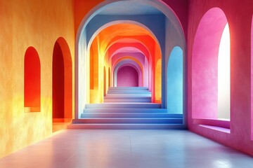 Fototapeta premium 3D Render of Colorful Abstract Background with Pastel Architectural Elements, Arches, Stairs, and Circular Windows in Orange, Pink, Yellow, Purple, and Blue