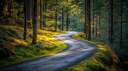 Obraz premium A winding road through a lush green forest with sunlight filtering through the trees.