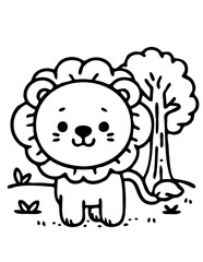 Fototapeta premium Line drawing of a lion in a forest with trees