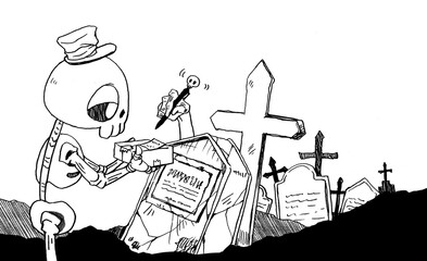 荷物を配達するガイコツの配達員イラストの線画