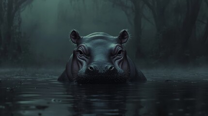 Fototapeta premium Dark and atmospheric photo of a hippo emerging from foggy water in a mystic, eerie forest setting with a captivating mood.