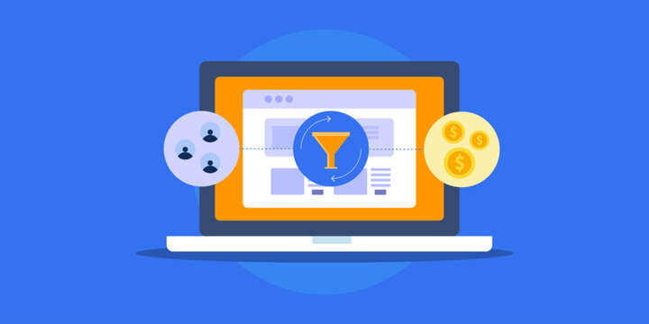 Convert website visitors to paying customers, using digital sales funnel for e-business revenue generation conceptual vector illustration.