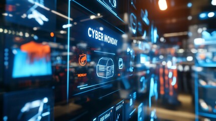 Obraz premium Cyber Monday Sale Promotion Displayed on a Digital Screen in a Retail Store