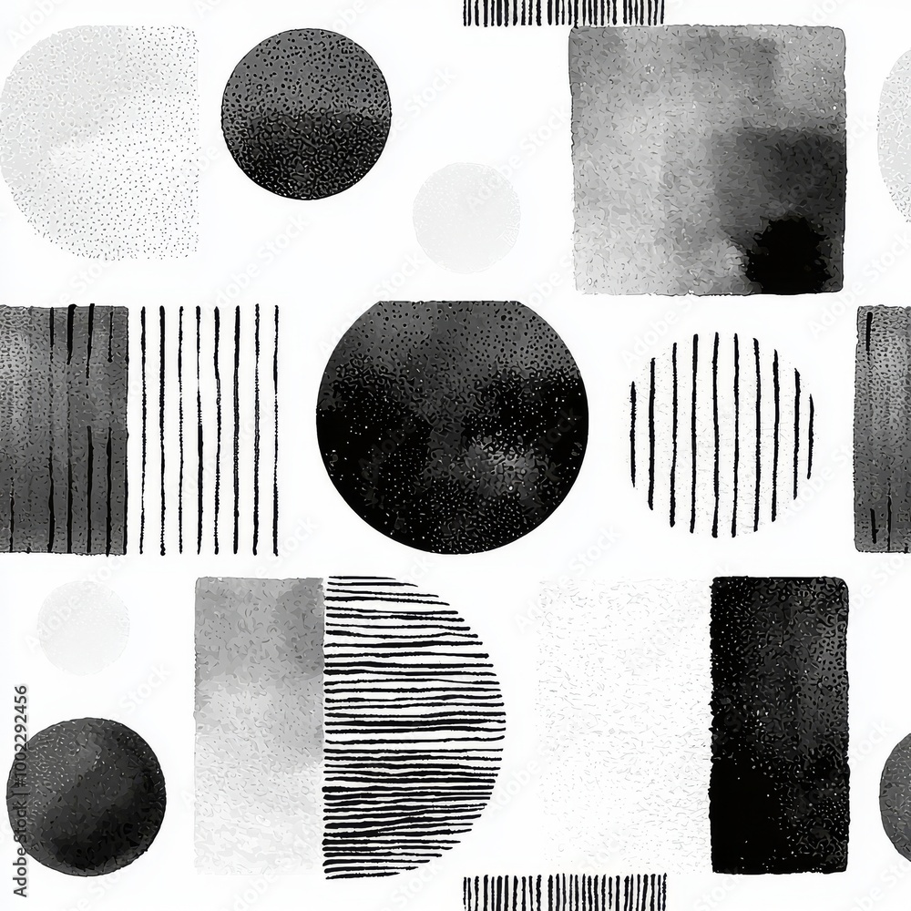 Poster the pattern features a modern seamless geometric pattern composed of semicircles, circles, squares, 