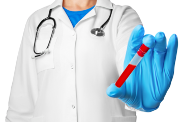 Doctor or lab technician holding a test tube with a blood sample on an empty background for medical presentations, laboratory marketing, and healthcare-related designs.