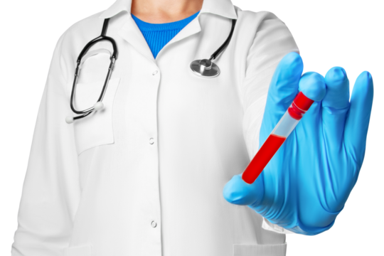 Doctor or lab technician holding a test tube with a blood sample on an empty background for medical presentations, laboratory marketing, and healthcare-related designs.