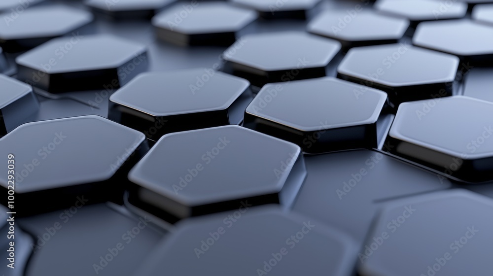 Poster a black abstract background with hexagons and triangles in a 3d rendering, illustrating a 3d scene