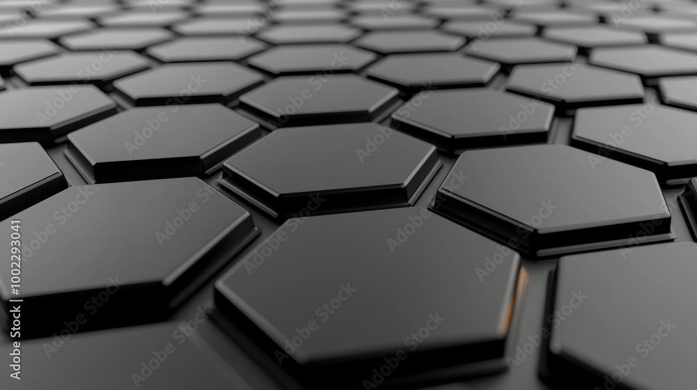 Poster an abstract black background with triangular and hexagonal elements in 3d, an illustration in 3d