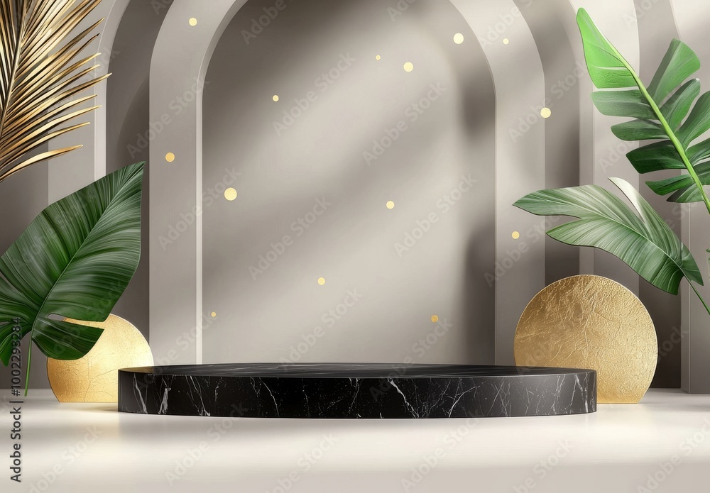 Poster golden tropical leaf with dynamic marbling flow and minimal shapes in an abstract background