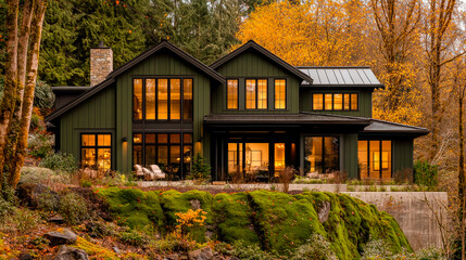 A house with vertical green paneling on a  autumn forest background.