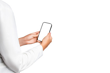 Doctor's hand holding a smartphone with a blank screen on an empty background for medical app designs, healthcare marketing, and digital presentations.