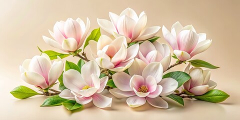 Fototapeta premium Delicate Magnolia Blossoms in Soft Focus on a Peach Background A Springtime Arrangement of Flowers and Greenery