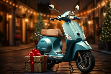 A charming blue scooter with a gift on a festive street surrounded by holiday lights
