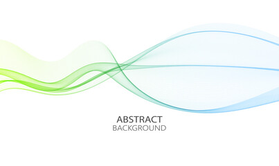 Blue green horizontal smoky transparent wave on white background, design element