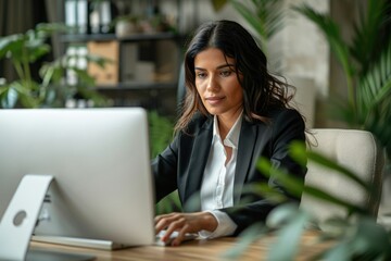 Fototapeta premium Young businesswoman working at a desktop computer in an office
