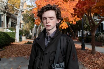 Fototapeta premium Young businessman pauses outside for a breather during work.