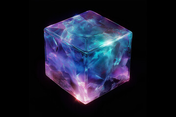 A highly detailed rendering of an iridescent crystal with its edges glowing in blue and purple hues. It is floating against a black background and it has a mystical appearance