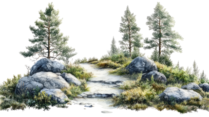 Forested mountain path with lush green pines isolated on white background