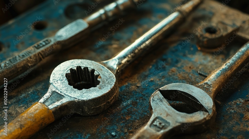 Poster close-up of an old wrench with a yellow handle