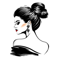 A woman with a bun on her head and red lipstick. She is wearing a necklace and earrings