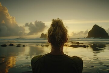 Young woman meditates on beach  practices yoga  travels solo.