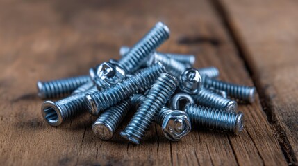 A pile of screws scattered on a wooden surface, captured up close to show the metallic shine and texture.