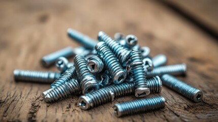 A pile of screws scattered on a wooden surface, captured up close to show the metallic shine and texture.