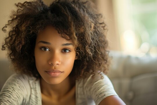 Young plus size biracial woman practices yoga at home  with copy space unaltered