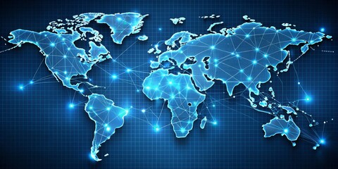 Fototapeta premium Global Network A World Connected by Digital Lines and Glowing Nodes on a Blue Grid Background