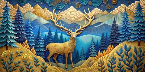 Fototapeta premium Golden Deer in a Blue Forest A Carved Wooden Landscape of Nature's Majesty