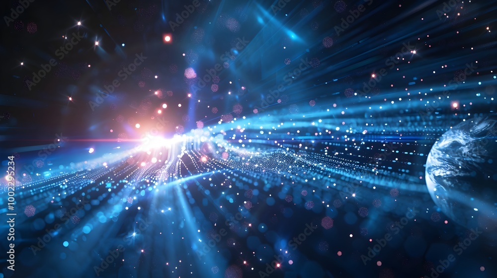 Poster futuristic interstellar communication through quantum entanglement glowing particles and devices acr