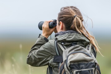 Obraz premium Young woman with binoculars watching birds in nature Woman with binoculars photography