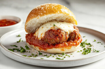 Rich Meatball and Marinara Sandwich Topped with Mozzarella Cheese