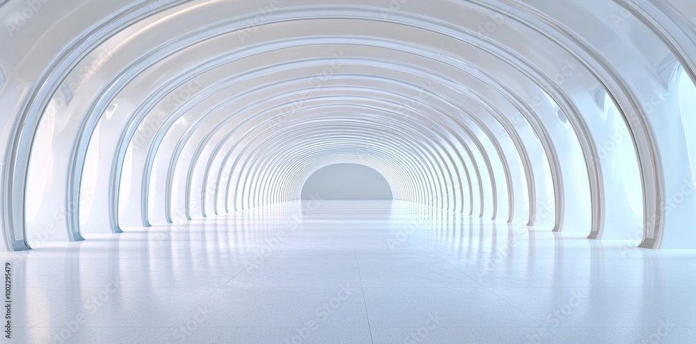 Poster render illustration of an abstract white futuristic architecture design tunnel with tight lighting