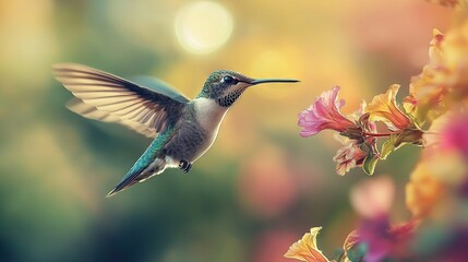 Fototapeta premium Hummingbird flies in the air, blurry background of foreground flowers