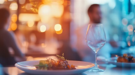 Elegant restaurant setting with focus on a delicious plated dish and empty wine glass, featuring a soft background of bokeh lights and blurred diners.