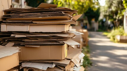 A stack of cardboard boxes prepared for recycling, piled up neatly in an outdoor setting.