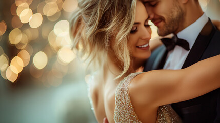 Romantic couple embracing with bokeh lights in elegant evening setting