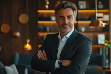 Portrait of a Confident Man in a Suit, Standing with Crossed Arms in a Modern Office Space