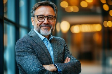 Naklejka premium Portrait of a middle-aged man with a grey beard wearing glasses and a blazer, smiling with his arms crossed