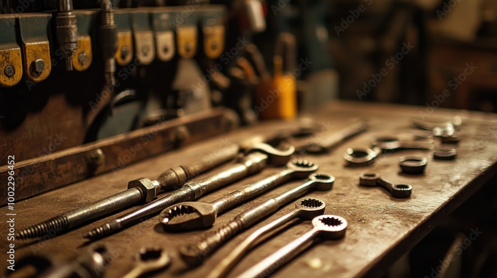 Poster Closeup of Various Wrenches and Tools on a Wooden Surface