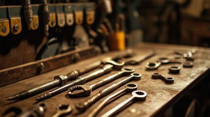 Fototapeta premium Closeup of Various Wrenches and Tools on a Wooden Surface