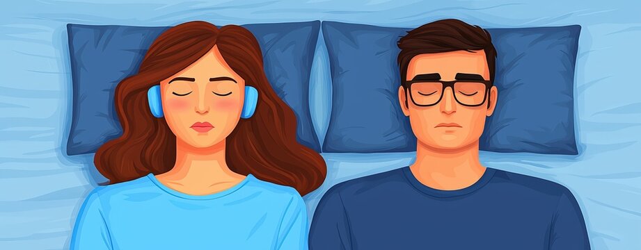 Cartoon image of a couple, one using earplugs while the other snores, [snoring solution], [sleep disruption]